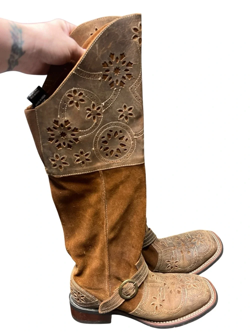 Laredo Caught you lookin brown leather and suede floral square toe riding boots